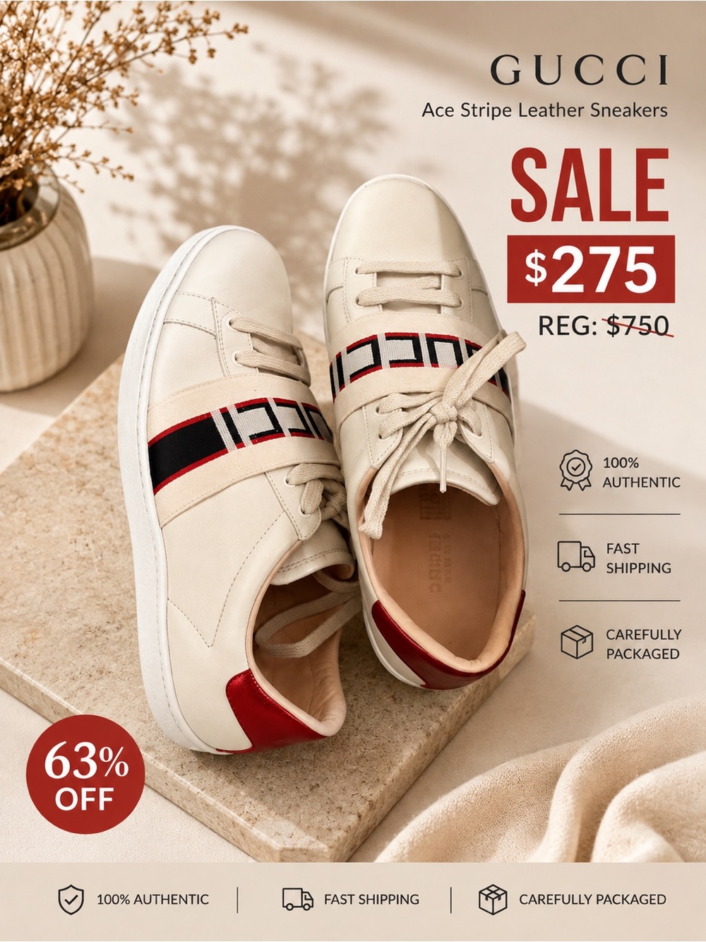 Gucci Cream Leather Sneakers with Red & Navy Stripe